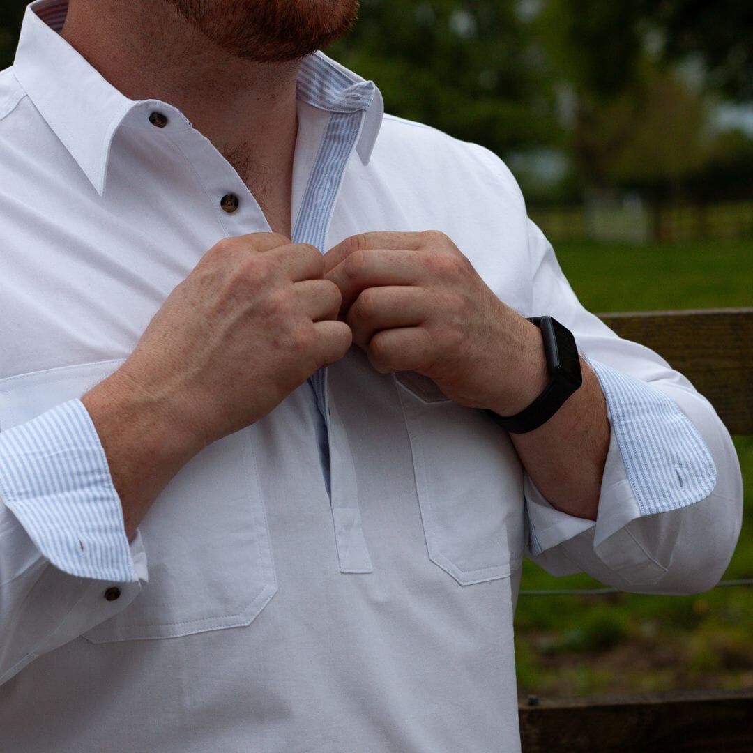 Men's Country Cotton Work Shirt -Contrast Shirts Ballybar Small White Stripes 