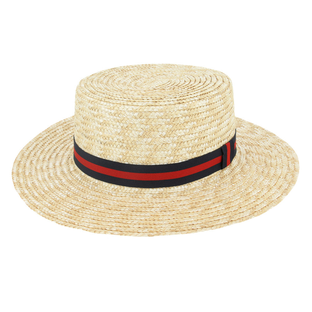 Ballybar Straw Boater Hat-Navy & Red Stripe Band