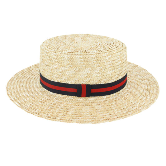 Ballybar Straw Boater Hat-Navy & Red Stripe Band