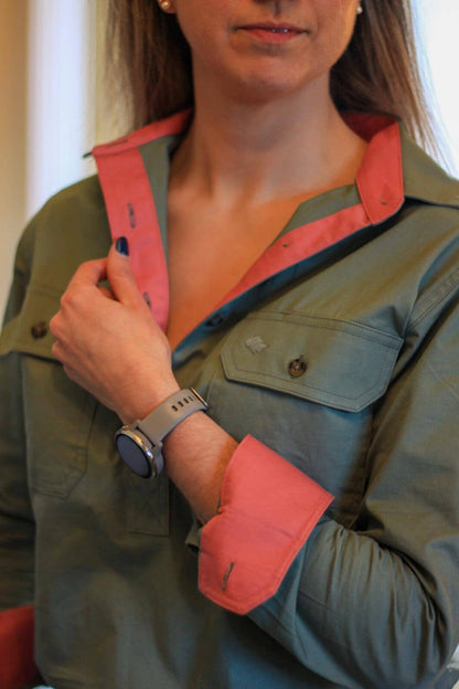 Women's Country Premium Cotton Shirt - Long Sleeved (Contrast) Shirts Ballybar 8 Sage & Salmon 