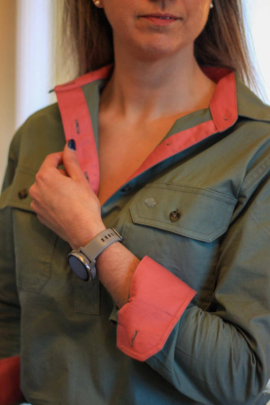 Women's Country Premium Cotton Shirt - Long Sleeved (Contrast) Shirts Ballybar 8 Sage & Salmon 