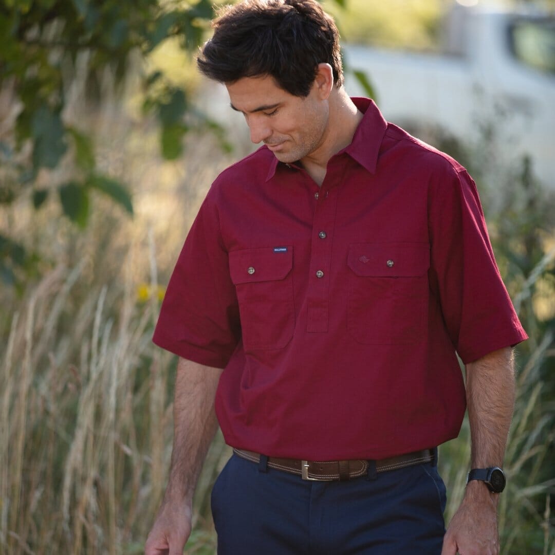 Men's Country Cotton Work Shirt -Short Sleeve Shirts Ballybar Small Burgundy 